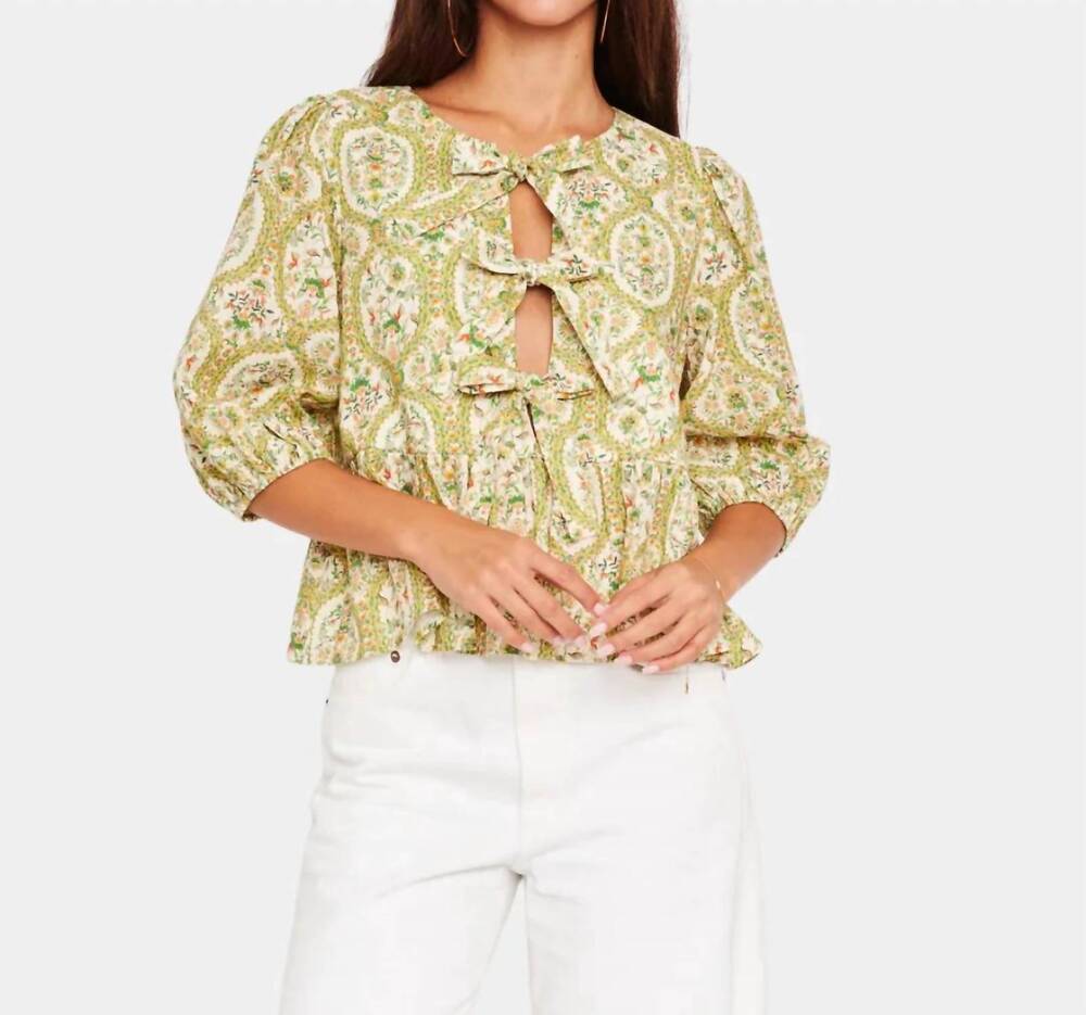 NEW DRA LOS ANGELES ros floral bow front peplum top in basil mosaic